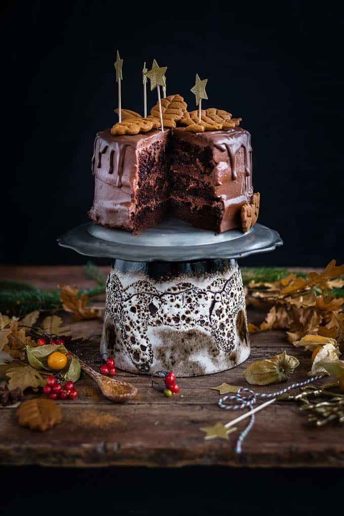 Your festive table would proudly display this vegan chocolate gingerbread layer cake - and your guests would be thrilled too!