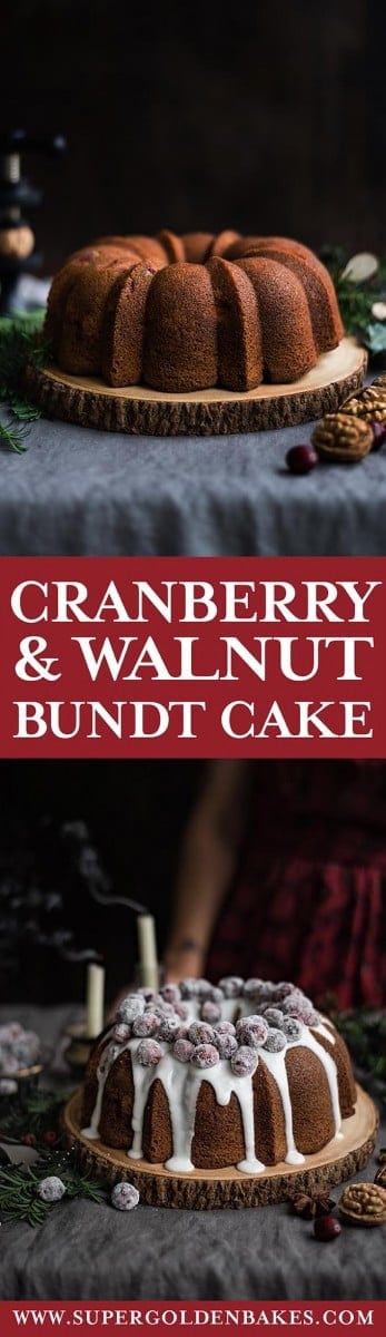 This cranberry and walnut bundt cake with its crown of frosted cranberries makes a great festive centrepiece and is large enough to feed a crowd. It also keeps fresh for several days, so a good cake to have on hand during the holiday season #Christmasbaking #bundtcake #cranberries