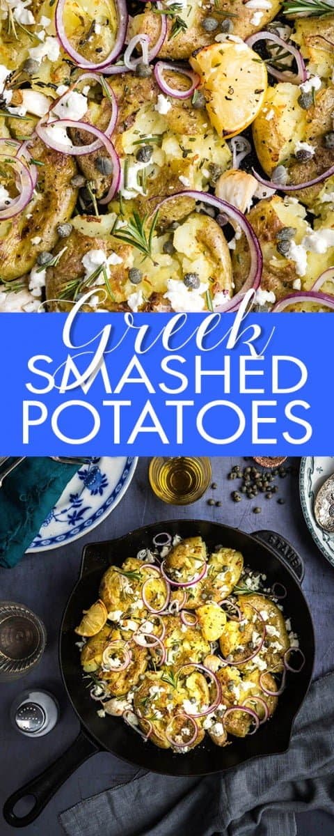 Greek smashed potatoes with feta, rosemary, garlic and capers #smashedpotatoes #sidedish #vegetarian