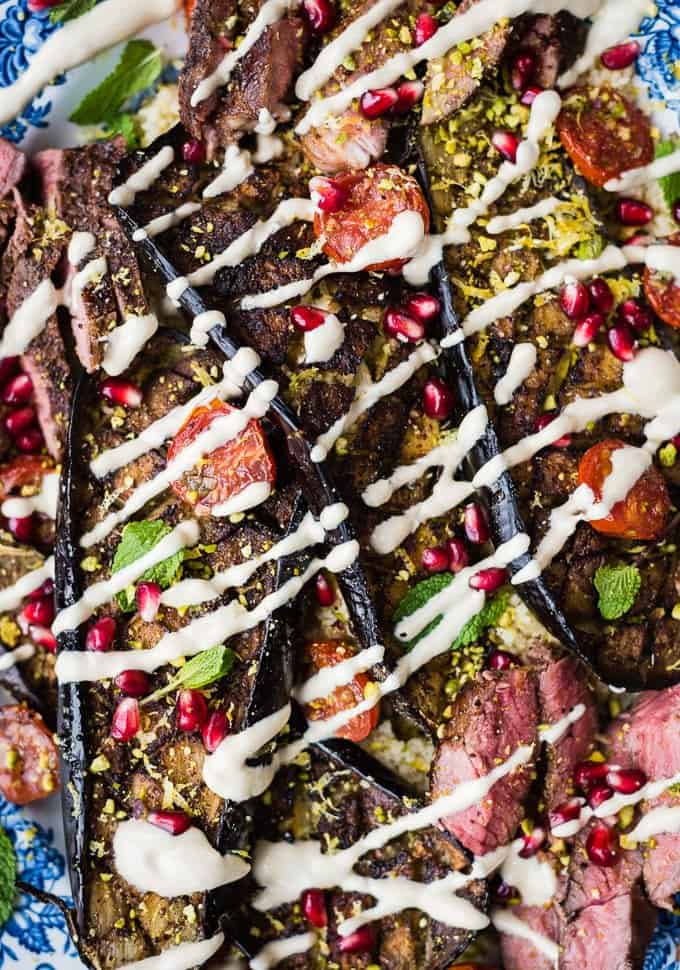 Griddled lamb leg steaks with roasted aubergines, tomatoes and couscous