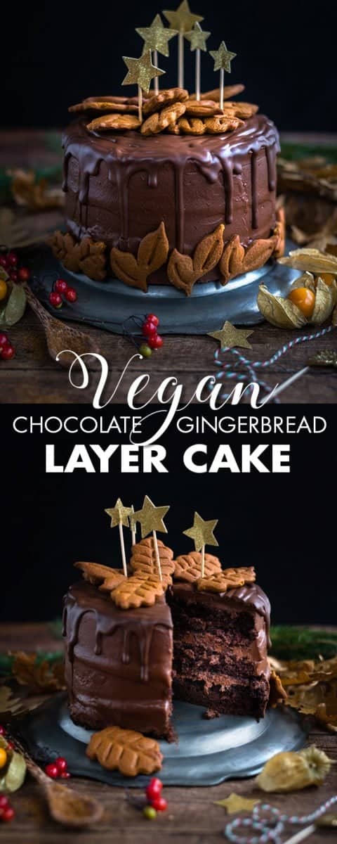 This vegan chocolate gingerbread layer cake is perfect for the holidays and a spectacular celebration cake any time of the year. #vegancake #chocolatecake #layercake #christmas
