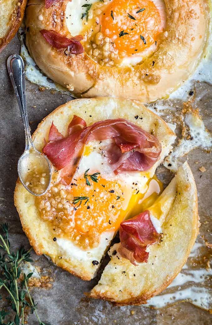 Bagel with egg and pancetta baked on a sheet pan