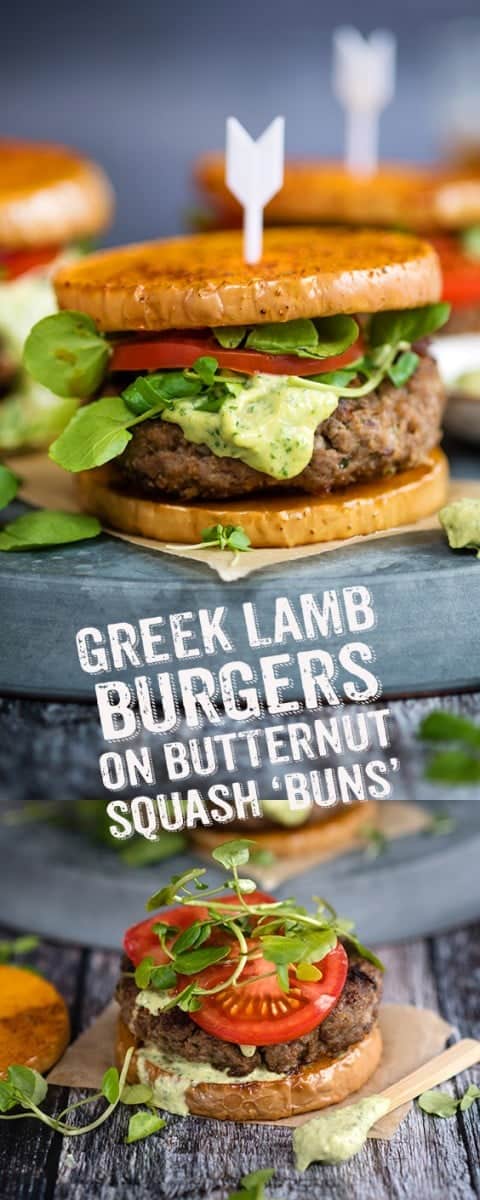 Serve these delicious Greek lamb burgers on roasted butternut squash 'buns' with a generous spoonful of addictive green tahini dressing. Simply delicious and a healthier choice if you are watching your carb intake. #lamb #burgers