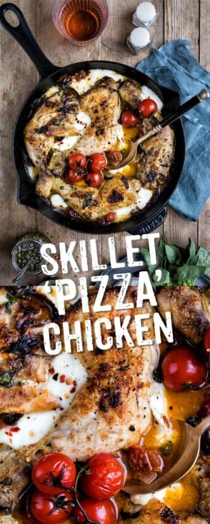 This delicious skillet pizza chicken with pepperoni, mozzarella and spicy tomatoes is sure to become a family favourite #pizza #chicken #familymeal