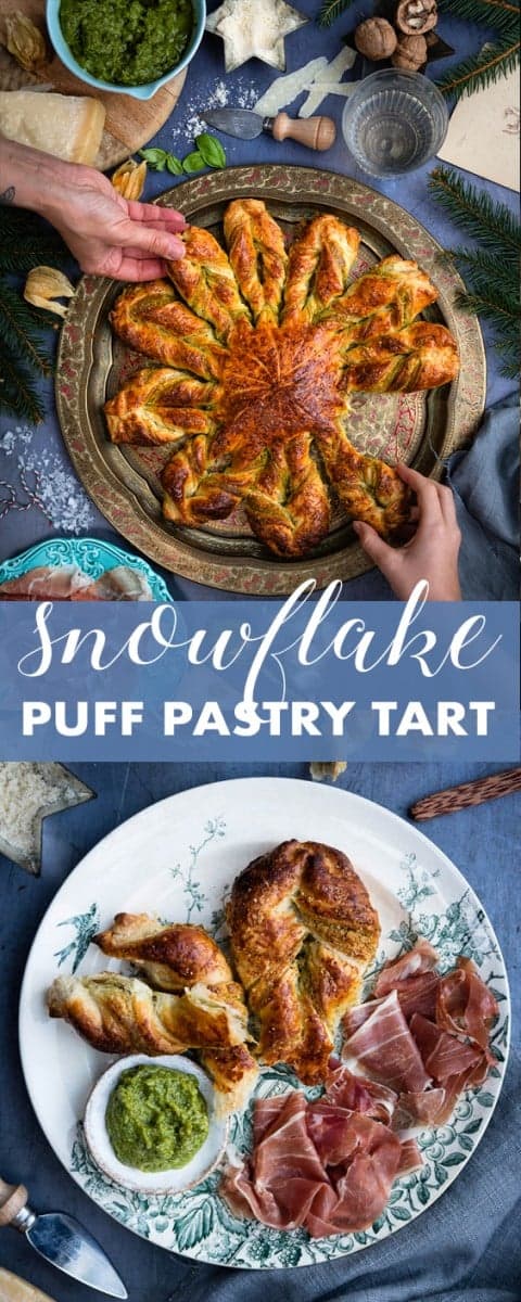 This puff pastry snowflake tart is an easy but impressive appetiser! Filled with walnut pesto and serve with prosciutto.