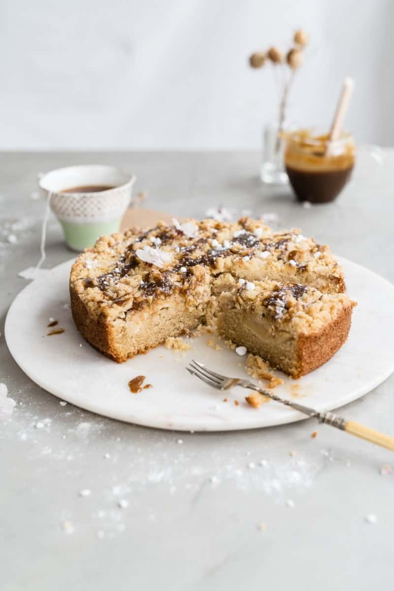 Apple coffee cake with toffee sauce, sliced