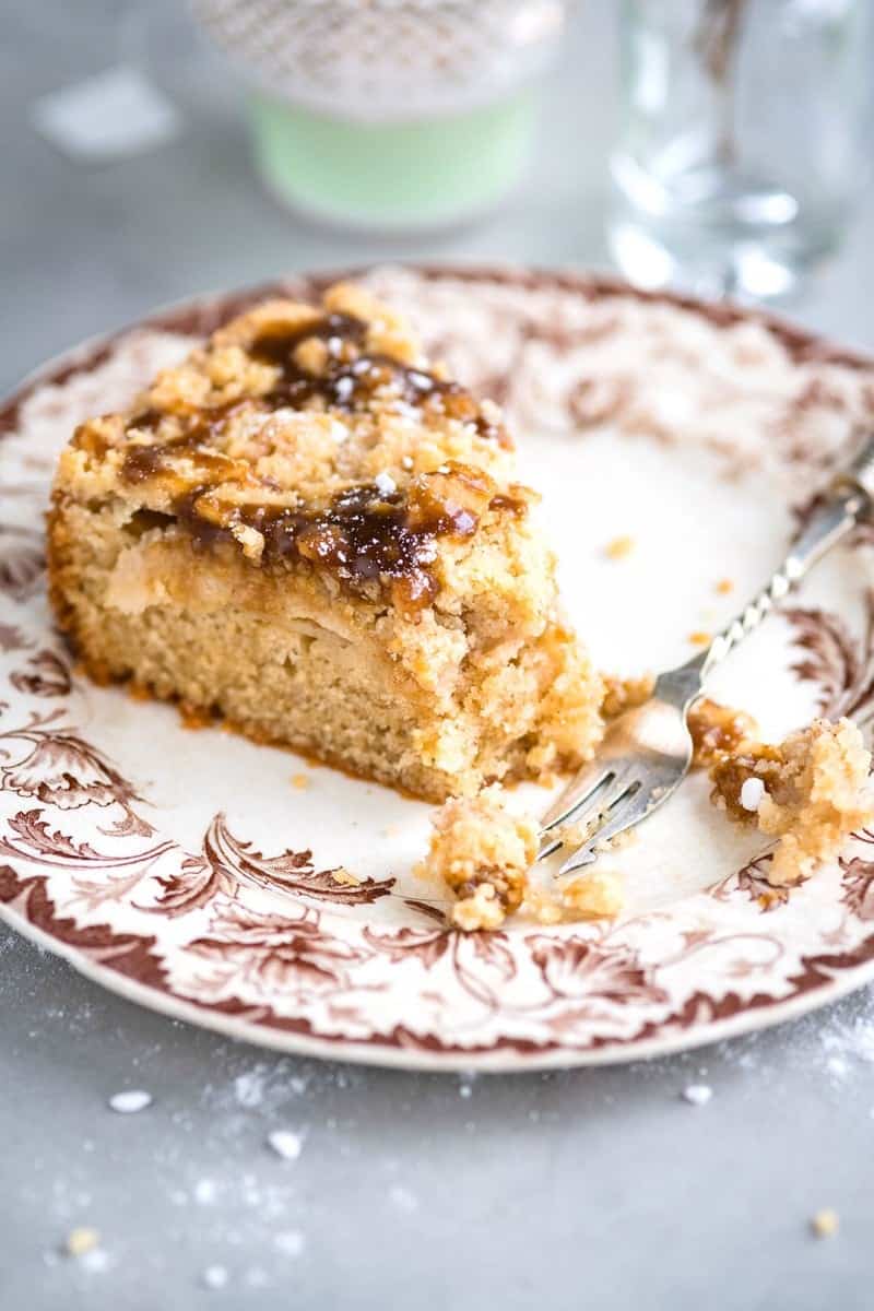 slice of apple coffee cake with streusel topping