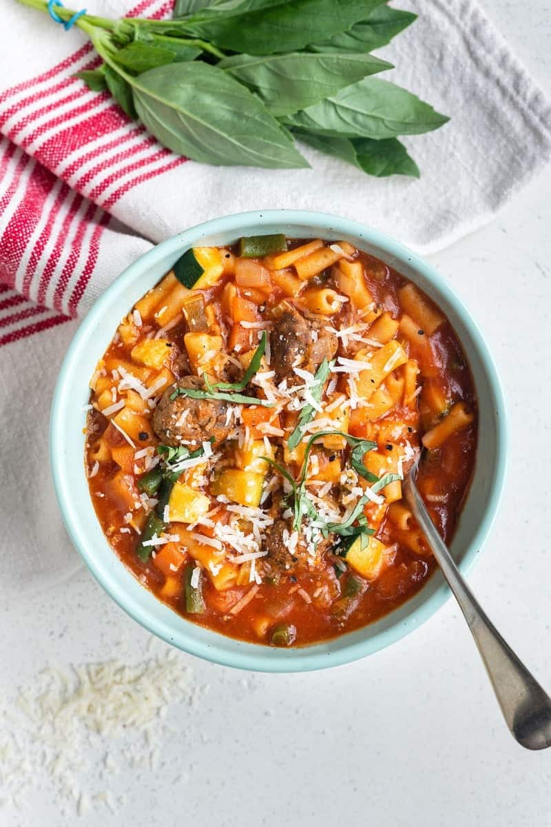 A bowl of pressure cooker meatball minestrone