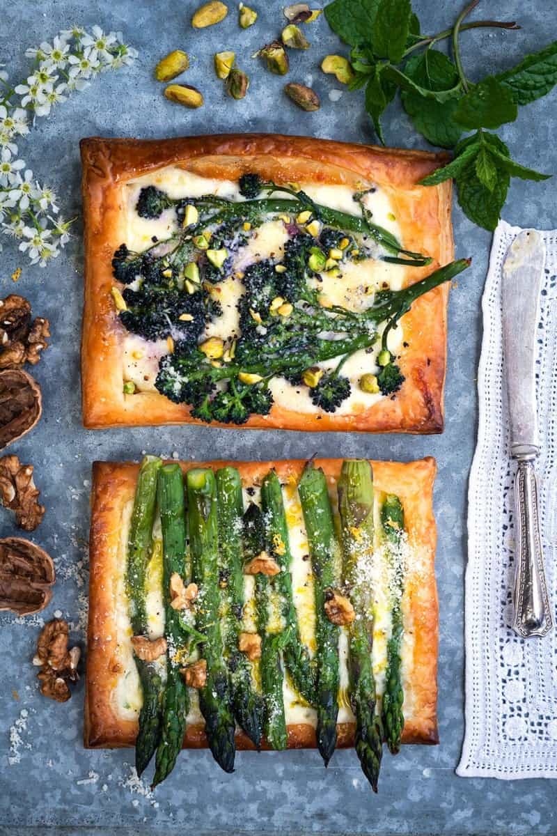 Asparagus and broccoli puff pastry tarts