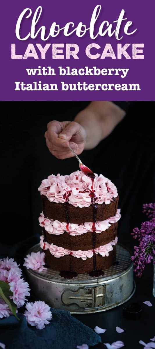 Chocolate layer cake with blackberry Italian buttercream and blackberry syrup