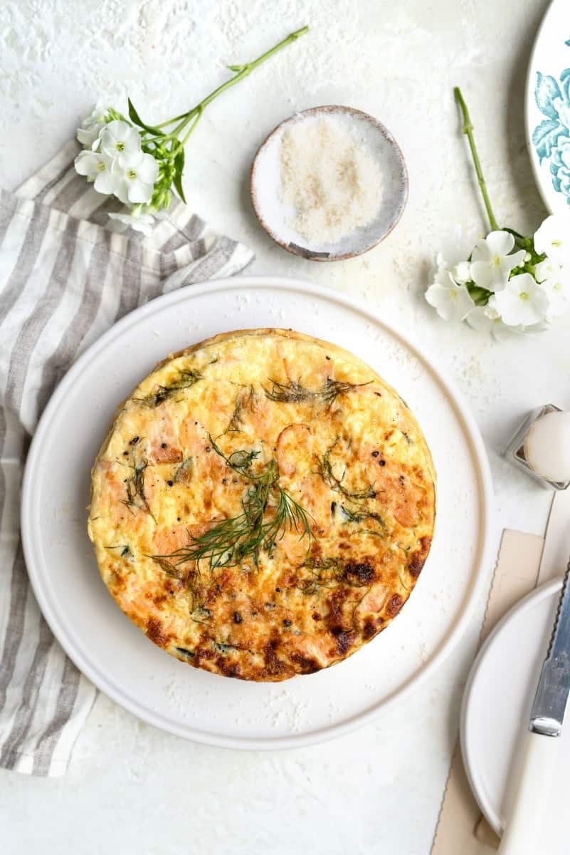 A pressure cooker smoked salmon frittata on a white plate