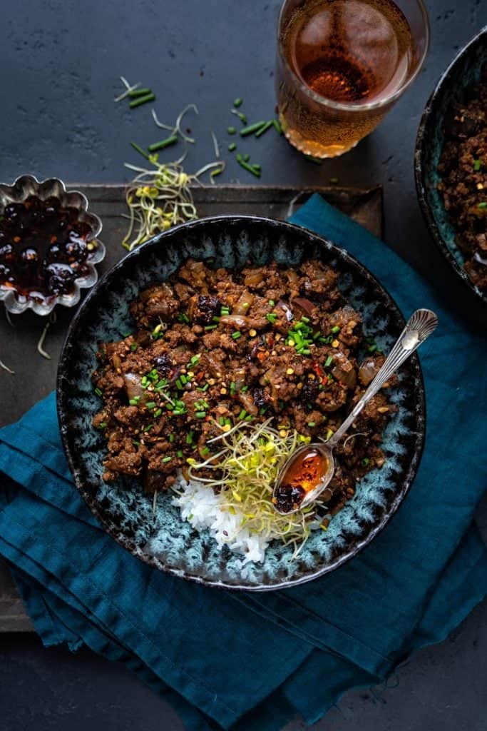 Bowl with spicy beef stir fry