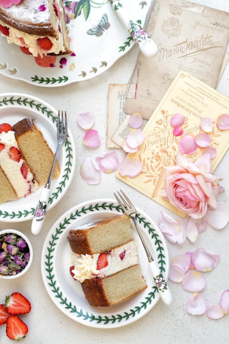 Slices of strawberry rose cake on plates 