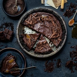 Sliced no-bake salted caramel chocolate tart