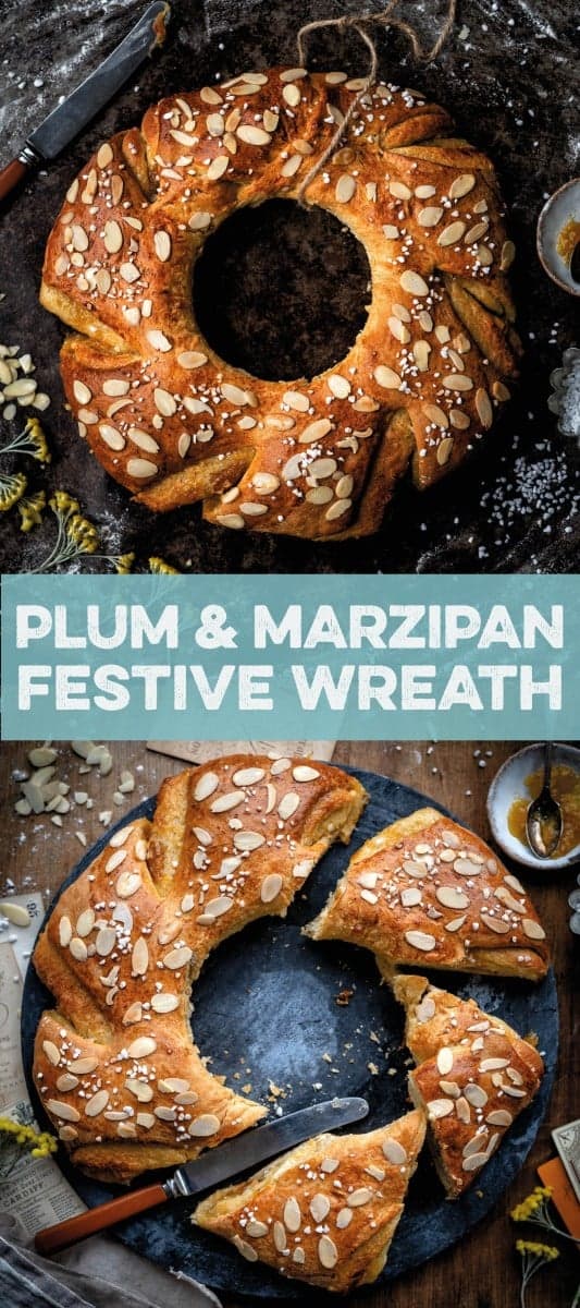 Festive plum and marzipan wreath