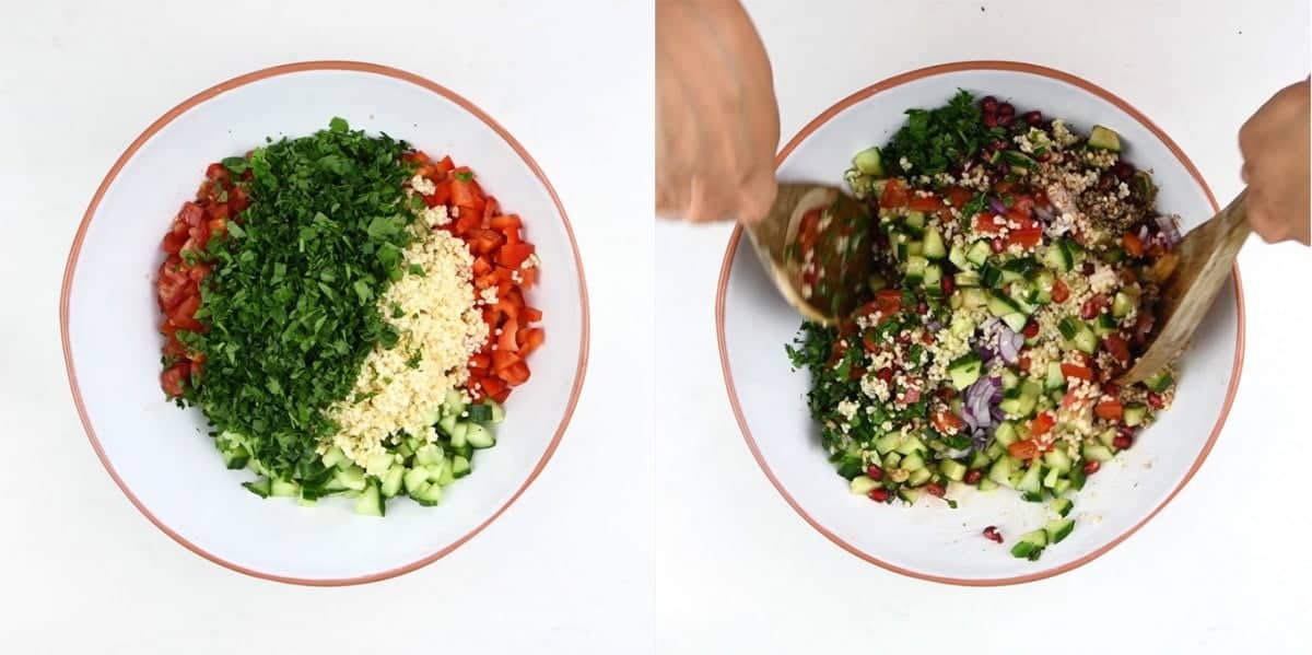 Tossing tabbouleh salad in a large bowl