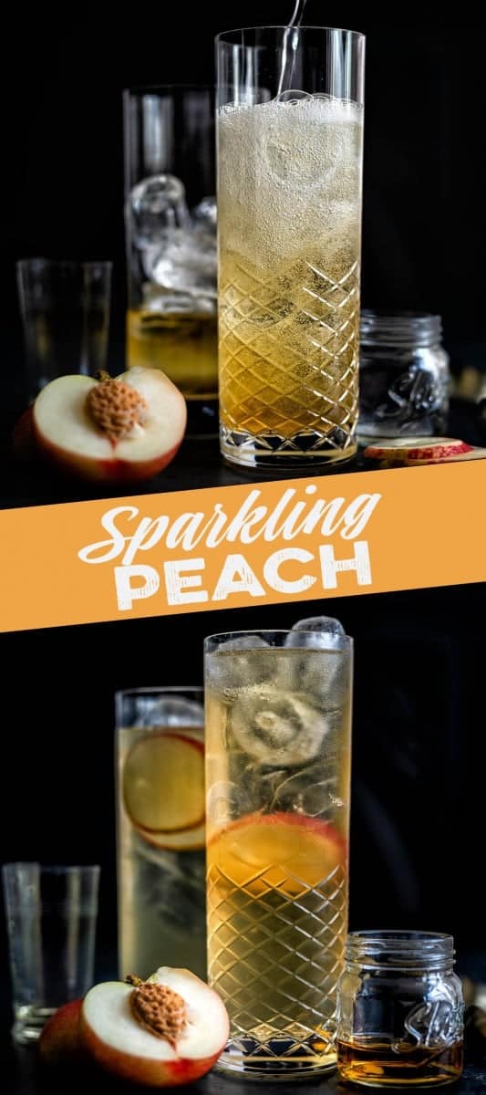 Sparkling peach whisky cocktail in a tall glass served over ice