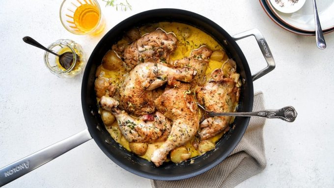 Creamy chicken casserole in a Chef's pan ready to serve