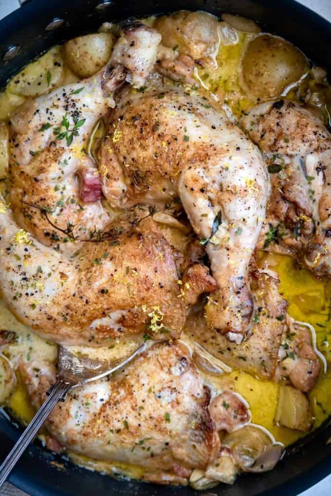 Close up of chicken casserole in a pan