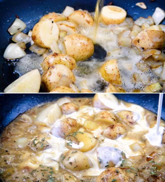 Close up of potatoes in a pan with cider and cream added