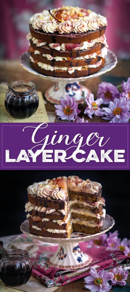 Ginger layer cake topped with wine-poached pears and cream cheese frosting pin