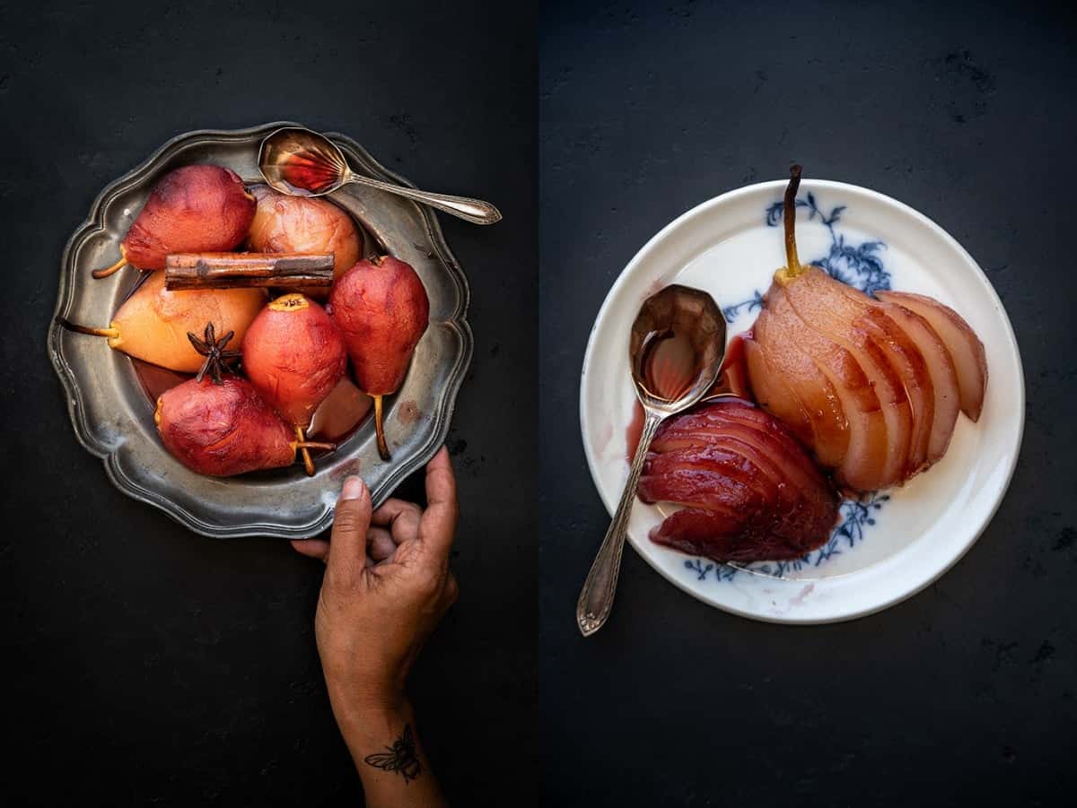 Wine poached pears on a plate collage