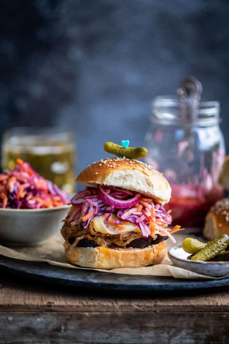 Pulled pork sandwich with coleslaw and pickles