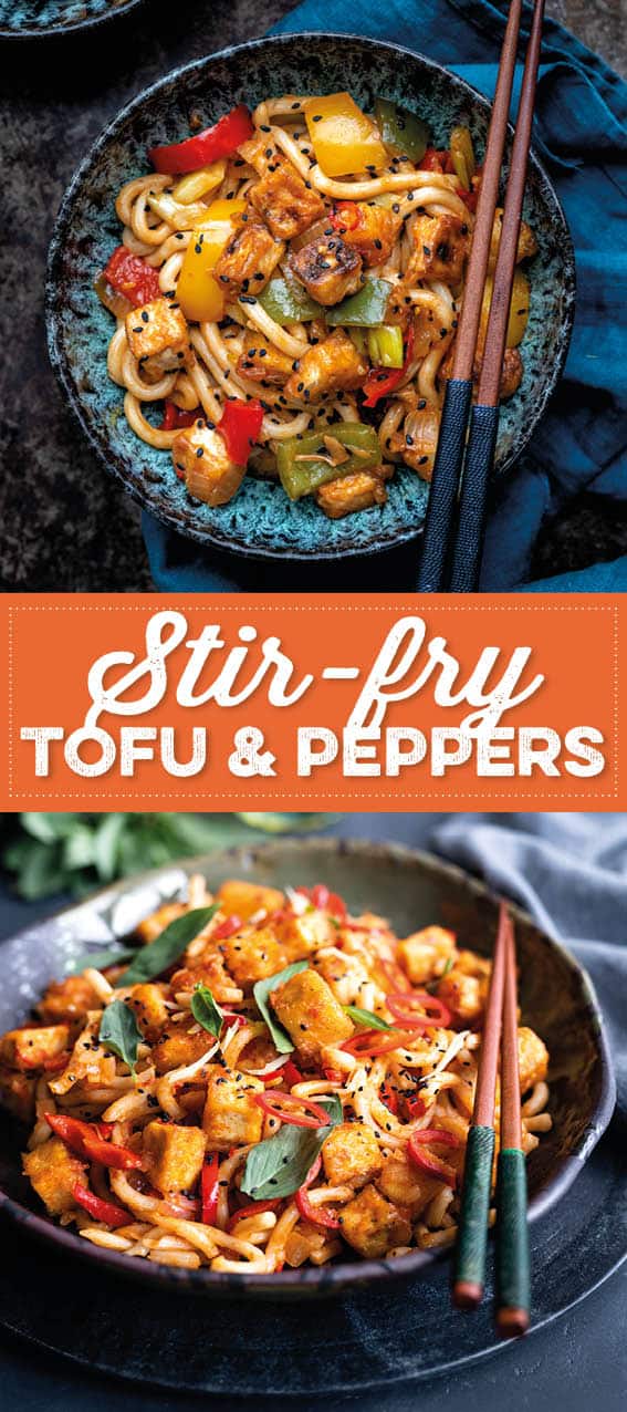 Bowls of stir-fry tofu with peppers and udon noodles
