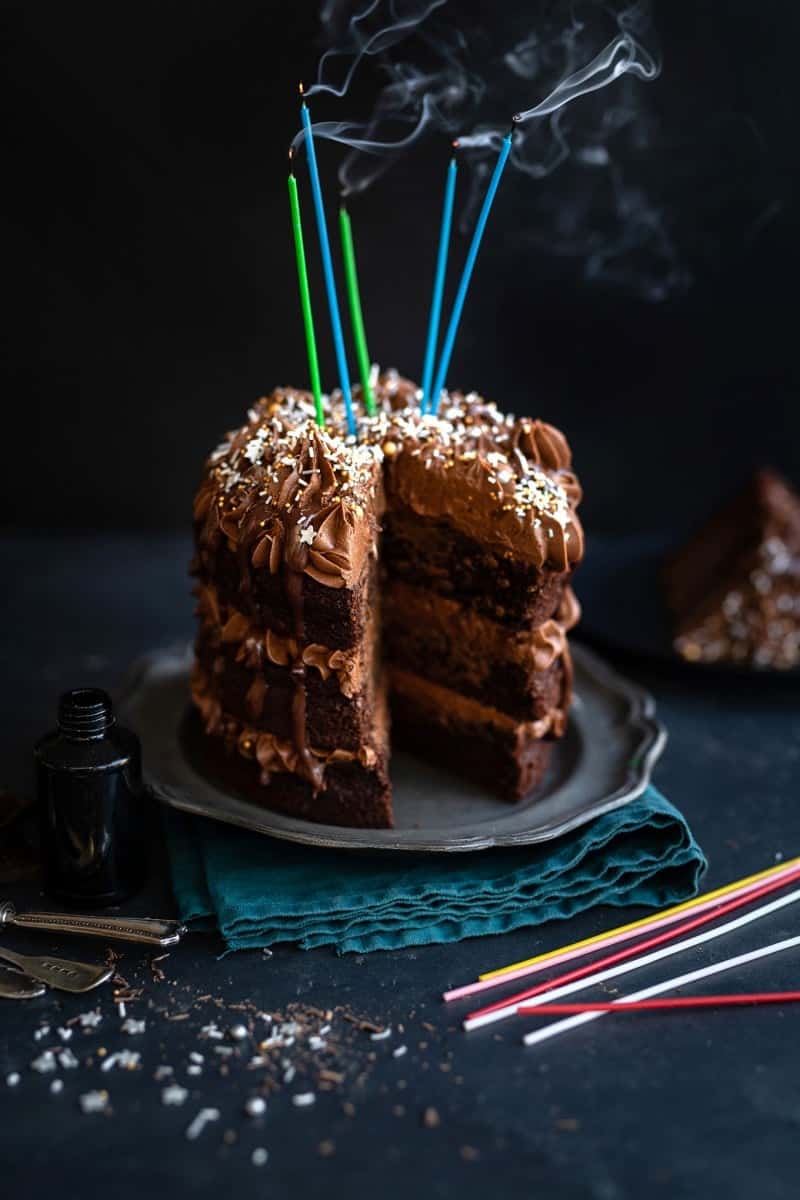 Chocolate Birthday cake with blown out candles