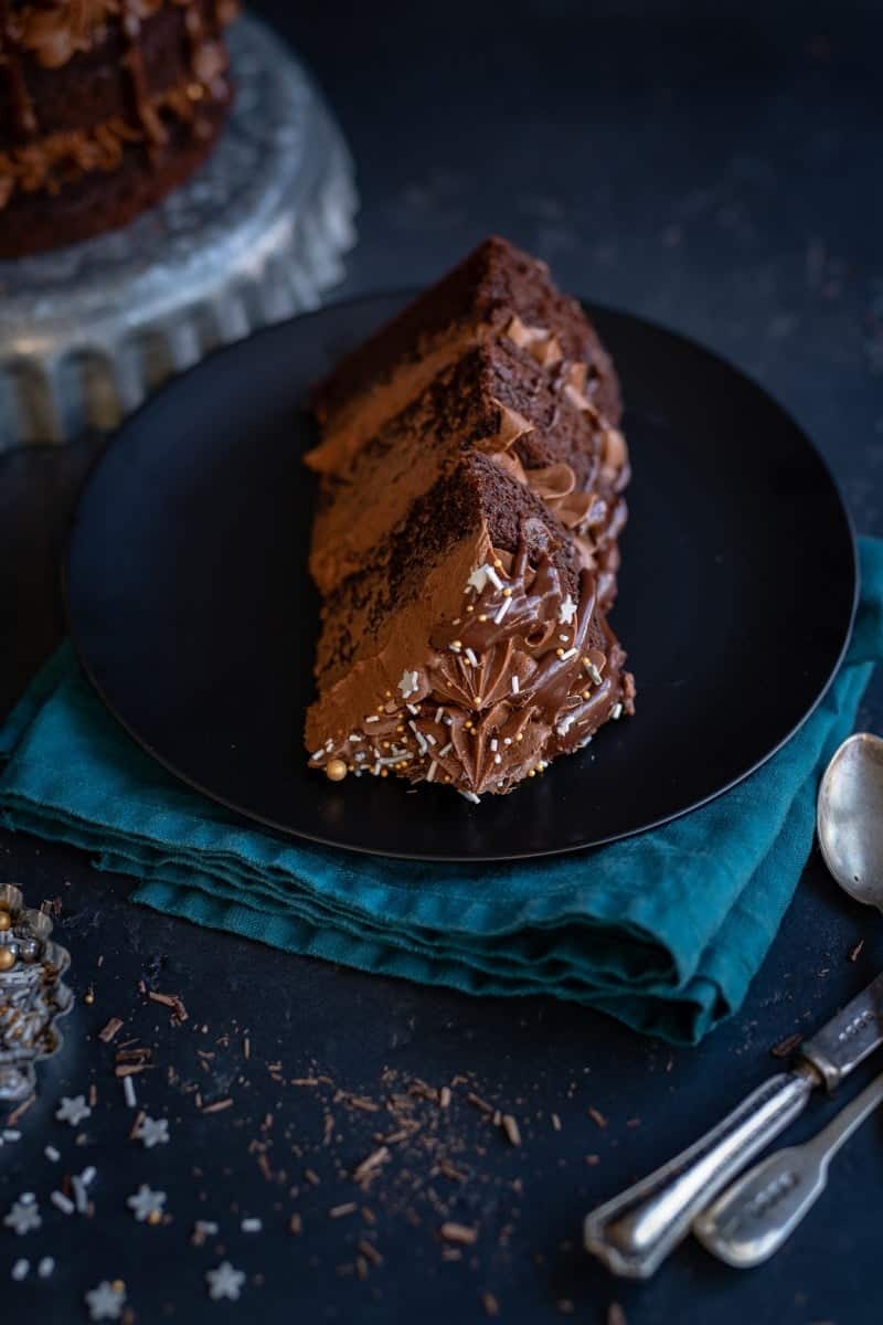 Slice of rich chocolate layer cake