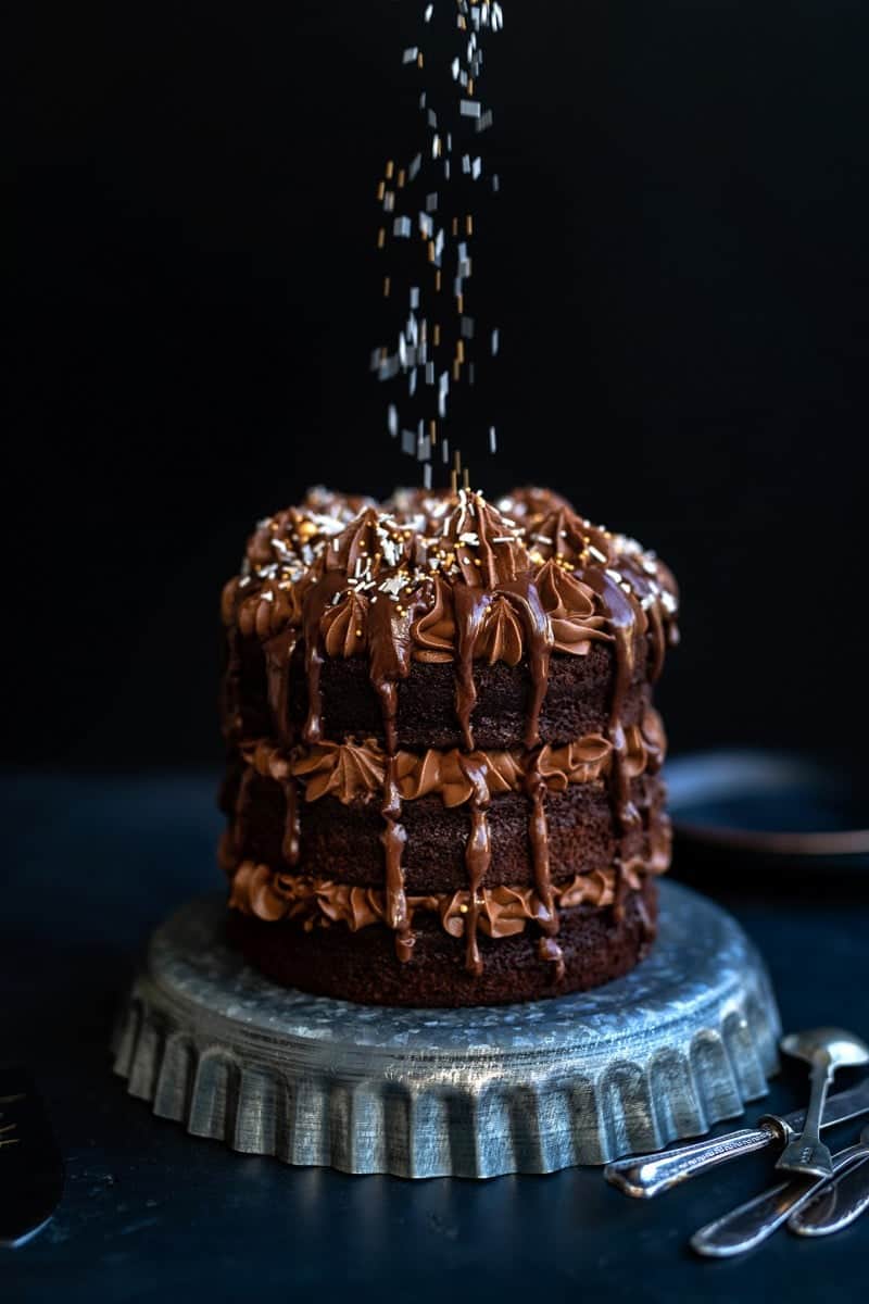 Chocolate layer cake with chocolate mascarpone frosting decorated with sprinkles