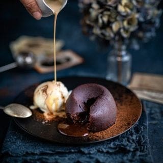 Molten chocolate lava cakes served with vanilla ice cream