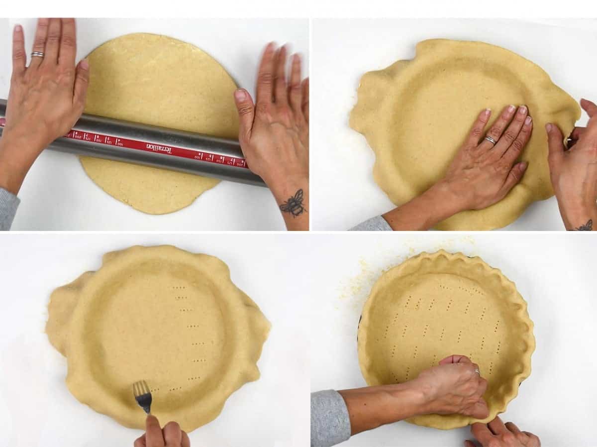 rolling out pastry and lining pie tin