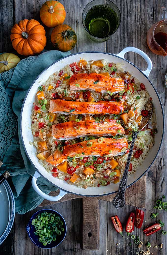Coconut brown rice and salmon in a skillet