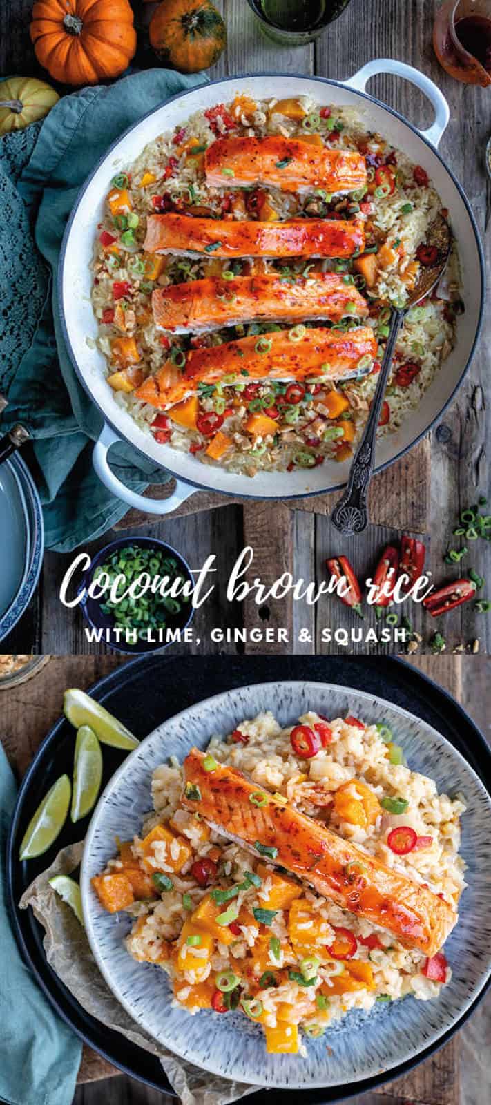 delicious coconut brown rice with ginger, lime and squash is the perfect pairing for The Saucy Fish Co. Salmon with chilli, lime and ginger dressing