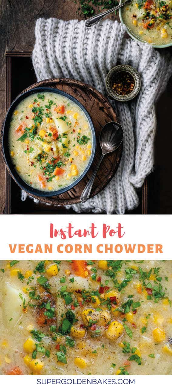 Big bowl of comforting vegan corn chowder
