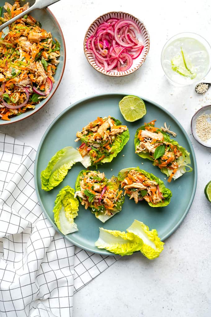 Healthy satay chicken salad with pickled onions served in lettuce leaves as an appetiser