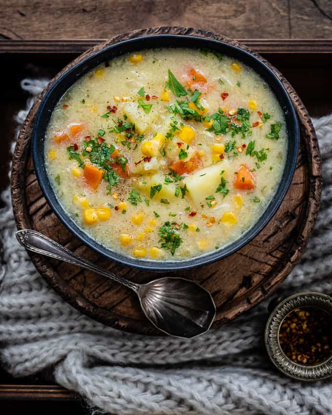 bowl of vegan corn chowder