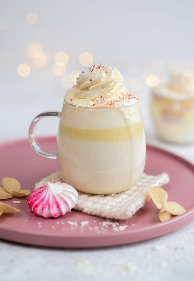 White hot chocolate topped with whipped cream