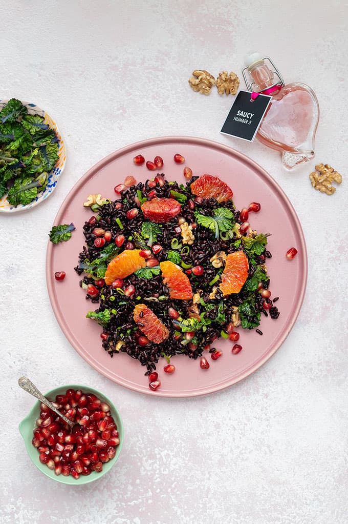 This delicious black rice salad with pomegranate, kale and blood orange pairs brilliantly with simple pan-fried salmon. 