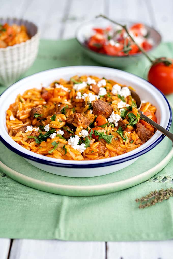 Greek lamb casserole with orzo in a bowl
