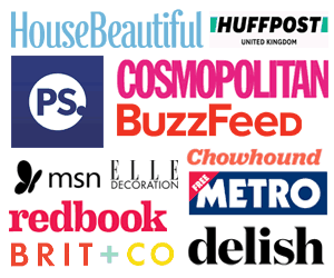 Collage of brand logos, including Cosmopolitan, BuzzFeed, Chowhound, MSN, Elle, and Redbook