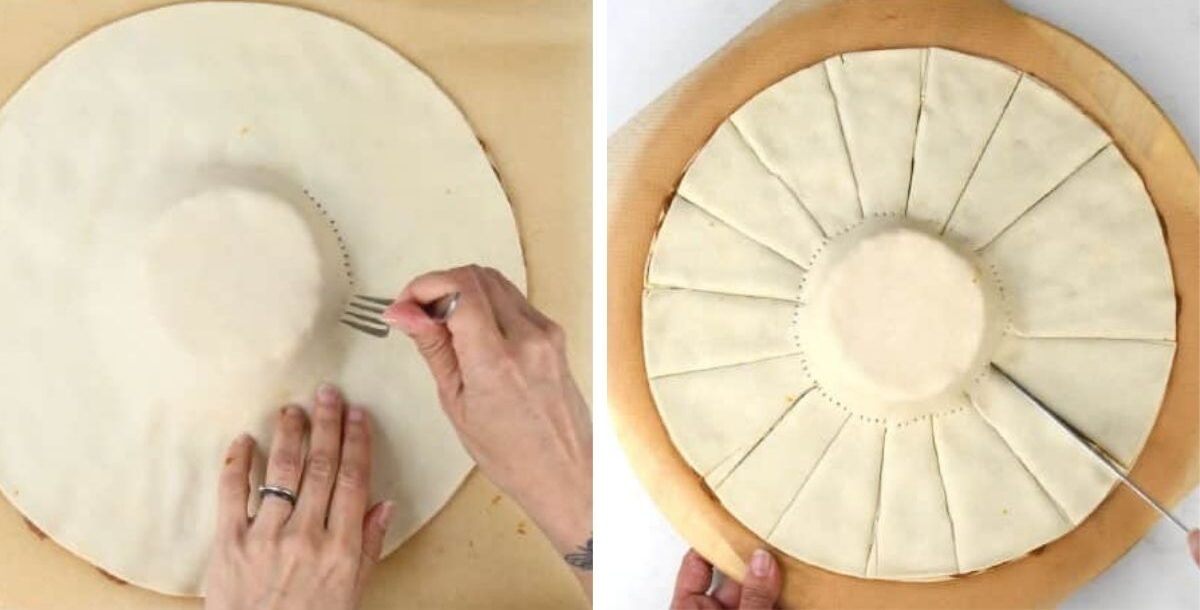 Two-panel image: On the left, hands use a fork to poke holes in the center of a brie pastry puff dough. On the right, the same Brie Puff Pastry dough is cut into triangular sections radiating from the center.