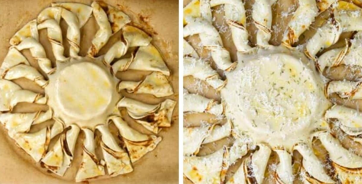 Two images side by side show a round, sun-shaped Brie Puff Pastry with twisted, filled segments radiating from a central circle. The left is unbaked, while the right is golden and topped with grated cheese.