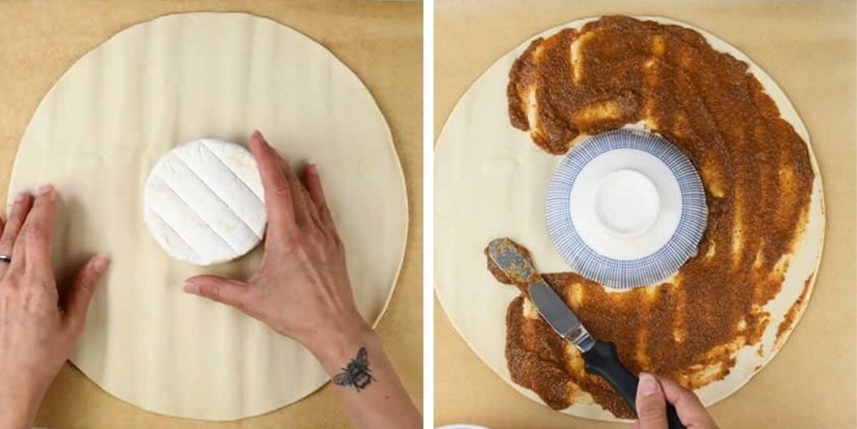 Two images: On the left, hands place a round wheel of cheese for baked brie puff pastry on a large sheet of dough. On the right, an upside-down bowl replaces the cheese, and dough is spread with a brown filling around the bowl.