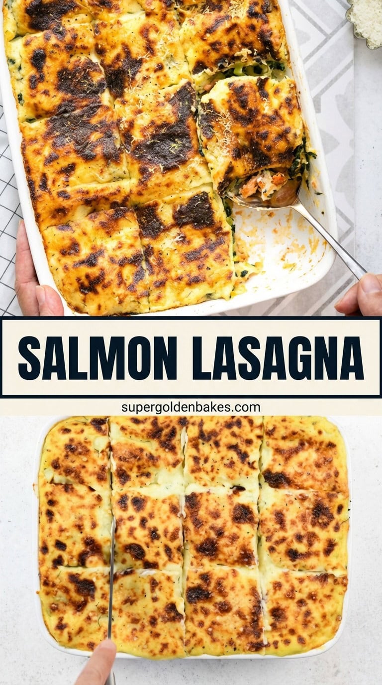 Top view of a golden-baked salmon lasagna in a rectangular dish, cut into nine squares. A spatula lifts one piece, revealing creamy layers. Text overlay reads “Salmon Lasagna,” highlighting this delicious salmon lasagna creation.