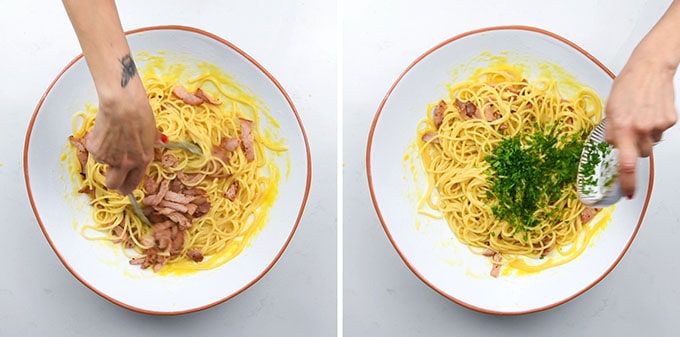 Adding bacon and parsley to pasta carbonara in a large bowl collage 