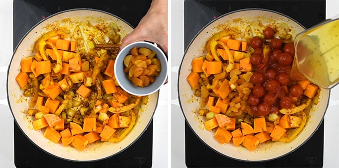 Squash, apricots, tomatoes and stock being added to a pan for Moroccan chicken