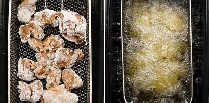 Frying chicken in a fryer collage