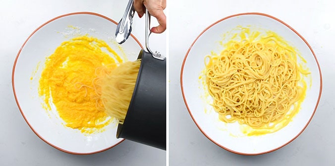 Adding hot pasta to a bowl of whisked eggs and cheese to make carbonara